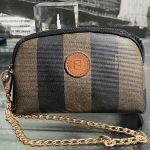 Authentic Fendi Pequin Brown & Black Striped Canvas Pouch